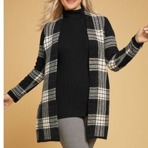Talbots Black/White Plaid Coatigan Quiet Luxury Office Chic Sweater Coat Medium